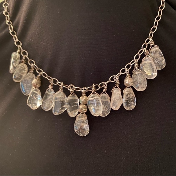 Organic teardrop crystals dangle from carved silver beads along a silver chain. - Picture 2 of 5